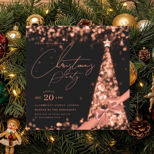 Invitation Nœud d'arbre de Noël d'hiver en or rose MODERNE Fê (MODERN Rose Gold Winter Christmas Tree Bow Party Invitation)