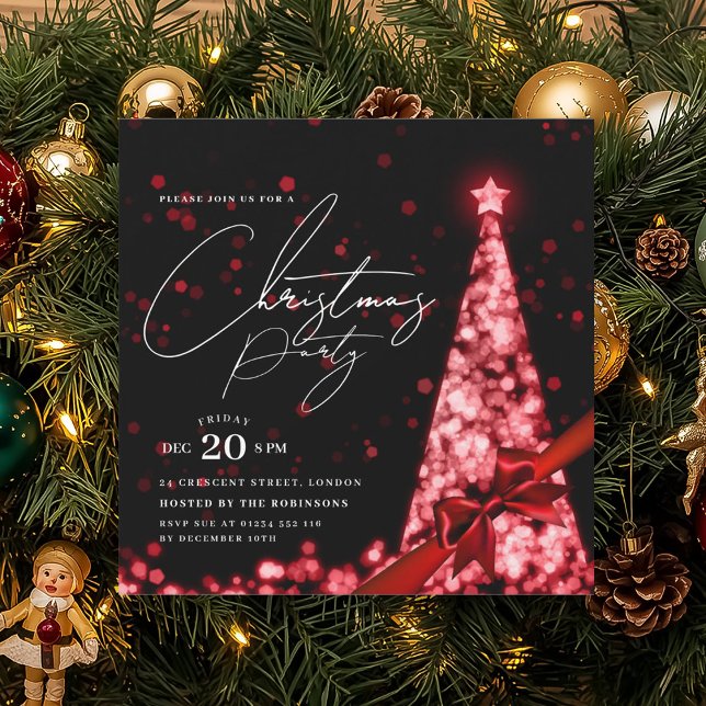 Invitation Nœud d'arbre de Noël Rouge Hiver MODERNE Fête  (MODERN Red Winter Christmas Tree Bow Party Invitation)