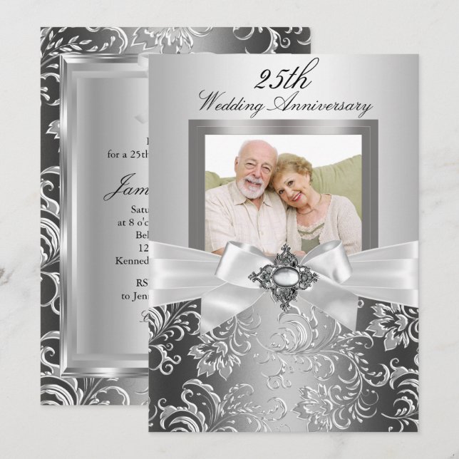Invitation Nœud de bijou en argent et floral pour les 25 ans  (Devant / Derrière)