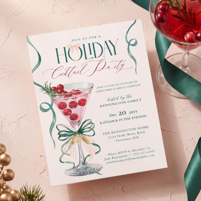 Invitation Noeud de Boisson Festif de Fête de Noël (Christmas Holiday Cocktail Party Festive Drink Bow Invitation)