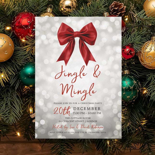 Invitation Noeud de fête de Noël Jingle Mingle Rouge Argent (Silver Red Jingle Mingle Christmas Party Bow Invitation)