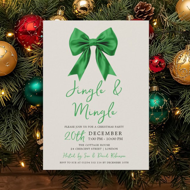 Invitation Nœud de fête moderne vert Jingle & Mingle de Noël (Modern Green Jingle & Mingle Christmas Party Bow Invitation)