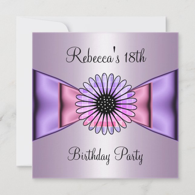 Invitation Nœud de fleur rose violet pour fête d'anniversaire (Devant)