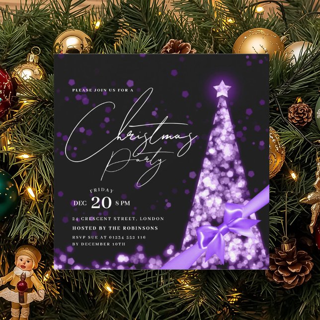 Invitation Nœud de l'arbre de Noël d'hiver violet MODERNE pou (MODERN Purple Winter Christmas Tree Bow Party Invitation)