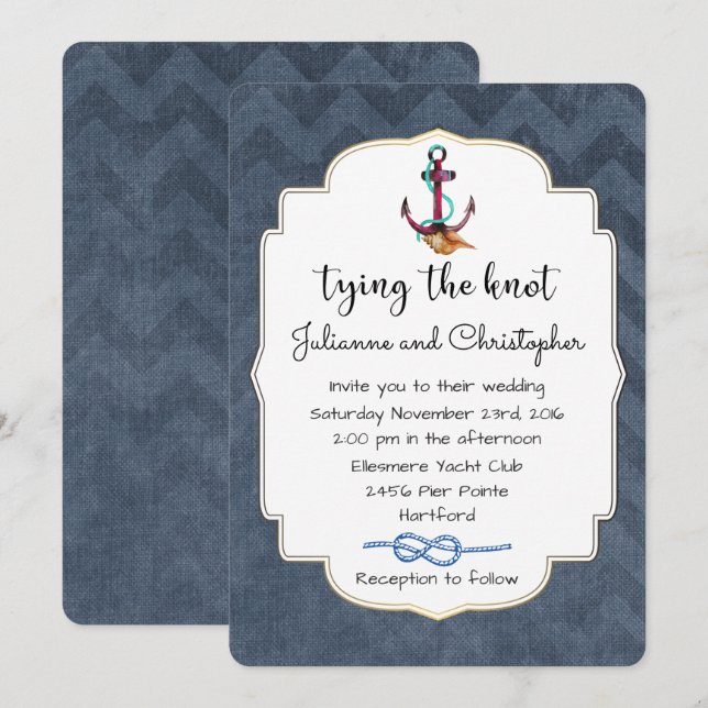 Invitation Noeud de Mariage avec Thème Nautique de Mariage (Devant / Derrière)
