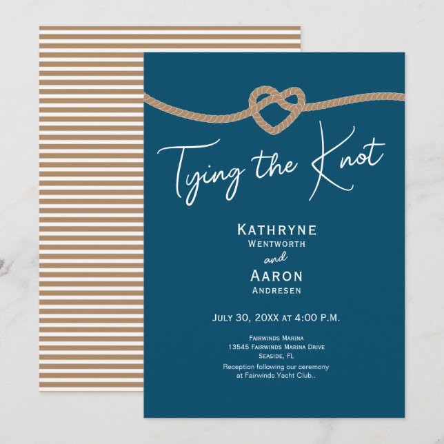 Invitation Noeud de Mariage Corde Bleu Côtier Nautique  (Devant / Derrière)