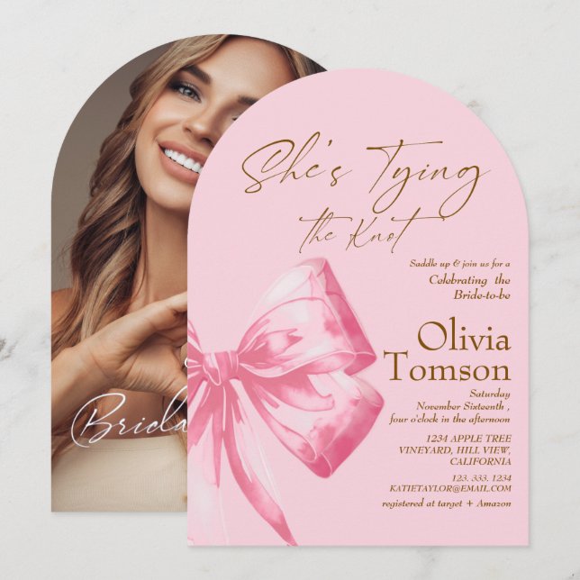Invitation Noeud de mariage de Bow She's Tying the Knot Rose (Devant / Derrière)