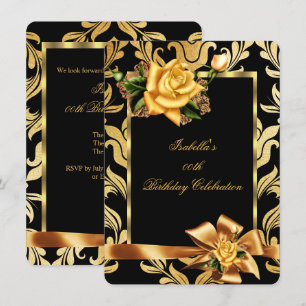 Invitation Nœud de rose jaune or satin noir de Damas fête d'a