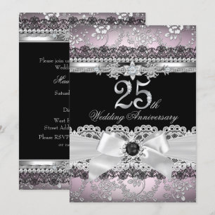 Invitation Nœud de ruban argent et perle rose 25e anniversair