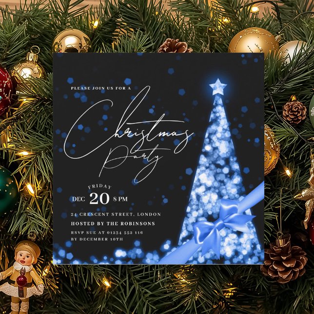 Invitation Nœud de sapin de Noël d'hiver bleu MODERNE pour fê (MODERN Blue Winter Christmas Tree Bow Party Invitation)