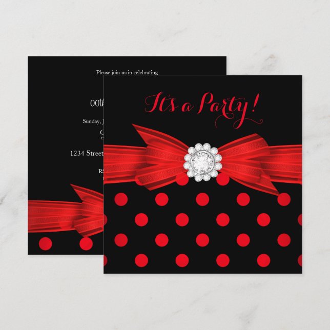 Invitation Nœud diamant à pois rouges noir de soirée (Devant / Derrière)