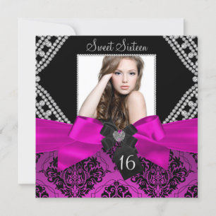 Invitation Nœud diamant rose chaud et photo en damas noir pou