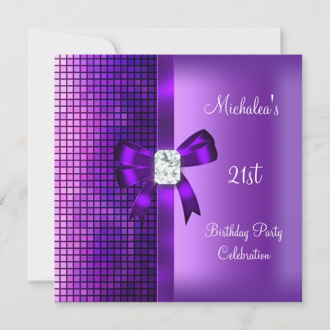 Invitation Nœud diamant violet à paillettes pour 21e annivers (Devant)
