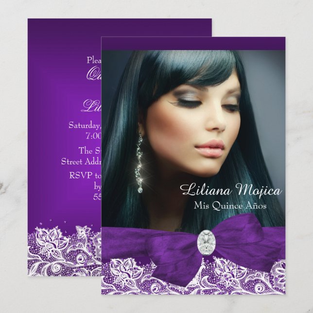 Invitation Nœud diamant violet et jolie dentelle Quinceanera (Devant / Derrière)