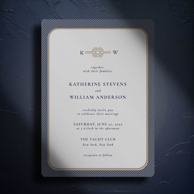 Invitation Noeud d'infini nautique Monogrammes Mariage élégan (simple beach wedding invitation nautical rope infinity knot white navy modern classic stripes)