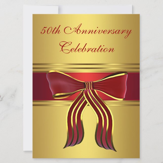 Invitation Nœud doré rouge Or 50e anniversaire de mariage (Devant)