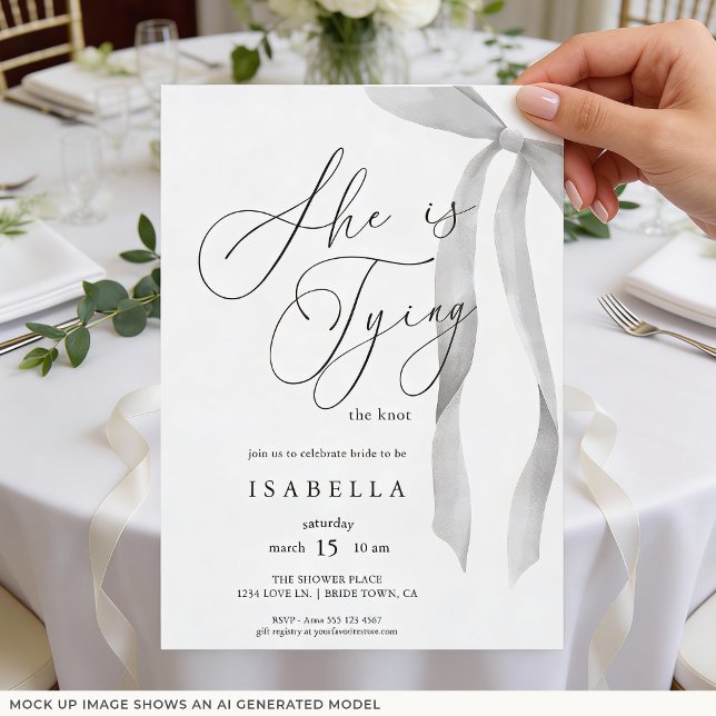 Invitation Noeud Élégant de Mariée Moderne pour Enterrement d (Front of invite shown in 5 x 7 inches, choose size, paper, and corner style.
)