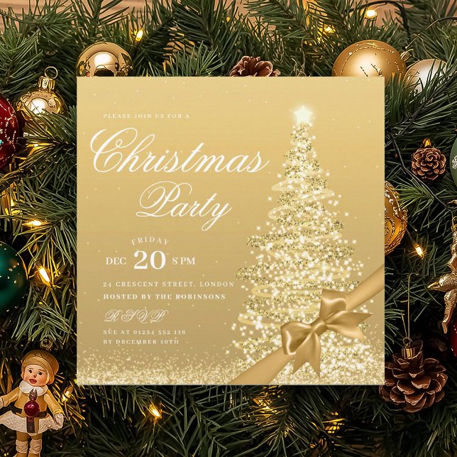 Invitation Noeud élégant doré pour arbre de Noël d'hiver  (Elegant Gold Winter Christmas Tree Bow Invitation)