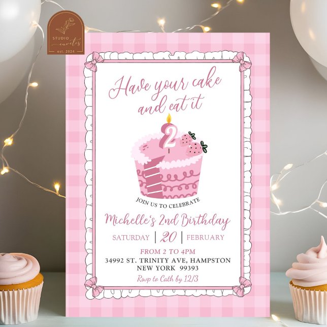 Invitation Nœud en dentelle rose Mange ton gâteau et mange-le (Créateur téléchargé)