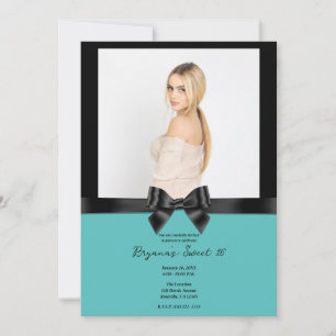 Invitation Nœud en Satin Noir Turquoise Photo Sweet 16