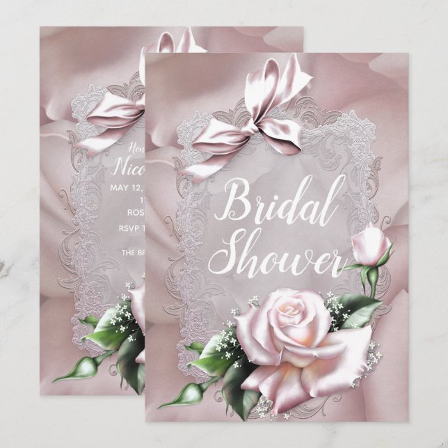 Invitation Nœud en Satin Rose et Rose Pâle Romantique pour Ba (Devant / Derrière)