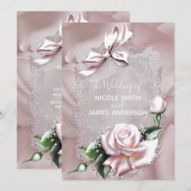 Invitation Nœud en Satin Rose Pâle & Mariage Romantique Rose (Devant / Derrière)