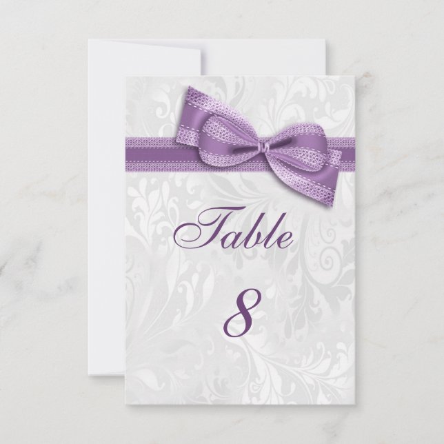 Invitation Nœud faux en damas blanc et lilas (Devant)