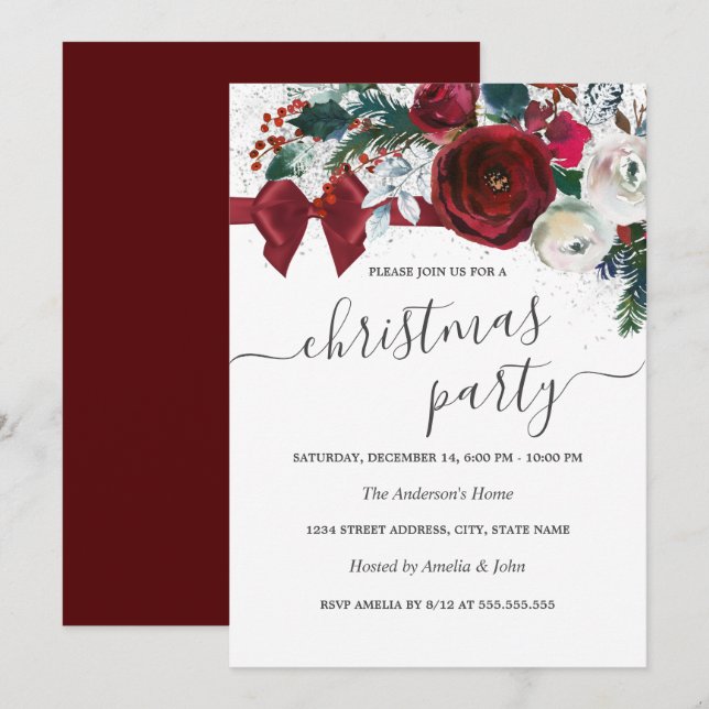 Invitation Noeud floral aquarelle rouge pour la fête de Noël (Devant / Derrière)