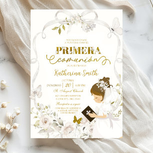 Invitation Nœud Floral Blanc Coquette Première Communion
