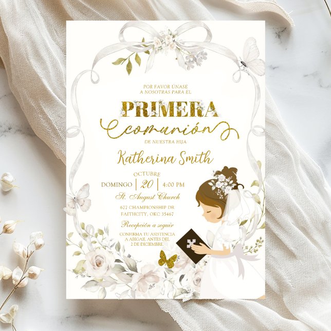 Invitation Nœud Floral Blanc Coquette Première Communion (Créateur téléchargé)