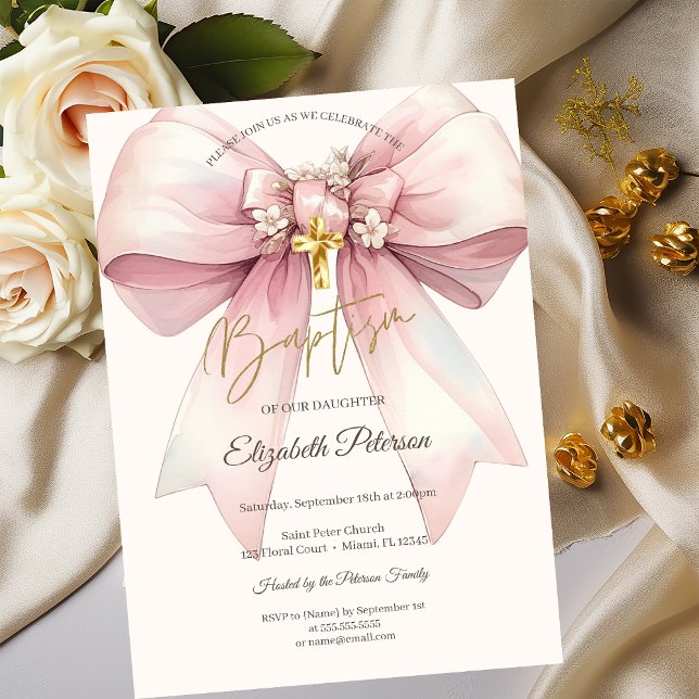 Invitation Nœud floral élégant Croix dorée Baptême (Créateur téléchargé)