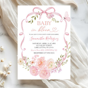 Invitation Nœud Floral Rose Coquette Bébé en fleurs