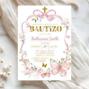 Invitation Nœud Floral Rose Coquette Papillon Baptême Espagno