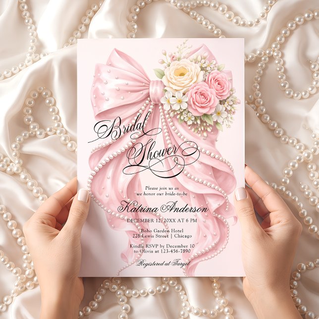 Invitation Nœud floral rose Élégant Baby Shower de mariage  (Créateur téléchargé)