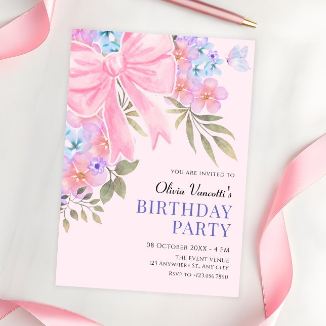 Invitation Nœud floral rose violet pour anniversaire (Créateur téléchargé)