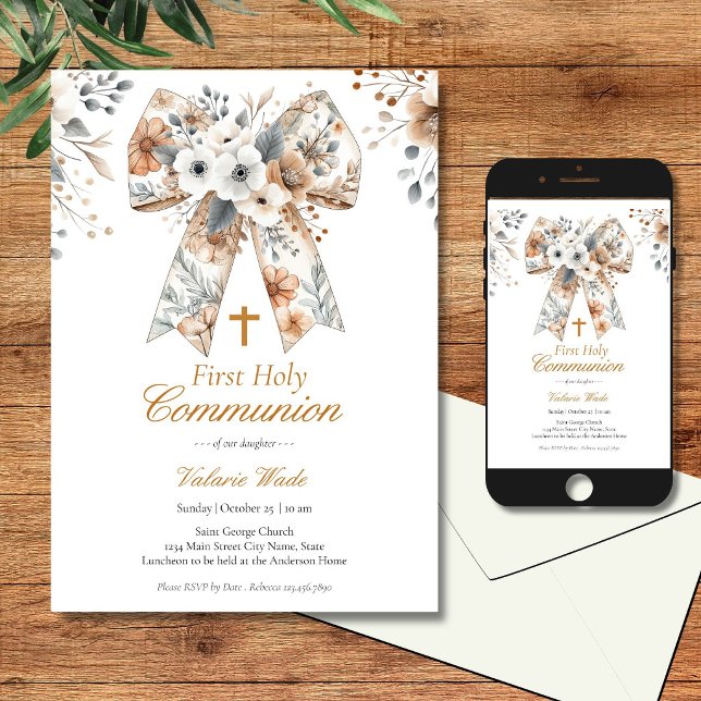 Invitation Nœud Floral Rustique pour la Première Communion de (Créateur téléchargé)