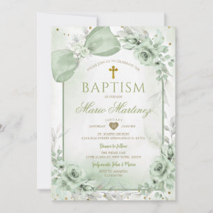 Invitation Nœud Floral Vert Sage Coquette Croix Dorée Baptême