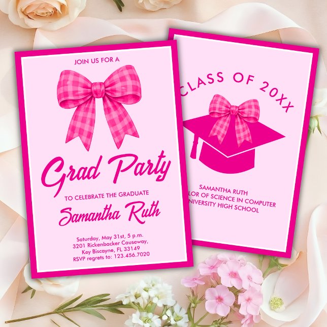 Invitation Nœud Gingham Rose Chaud Fête de Remise des Diplôme (Créateur téléchargé)