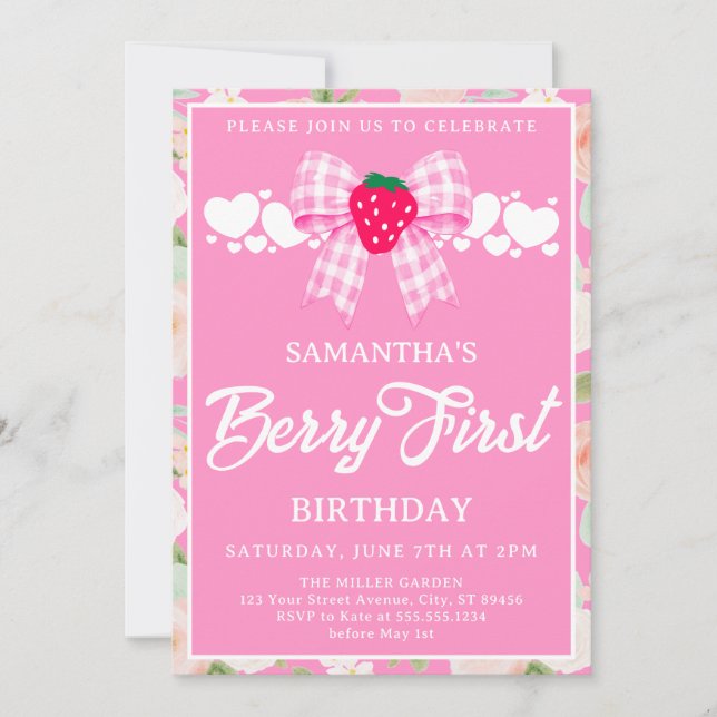 Invitation Nœud Gingham Rose Fête du Premier Anniversaire de  (Devant)