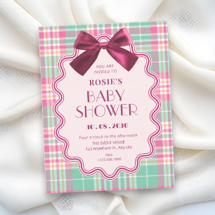 Invitation Noeud magenta et baby shower à carreaux roses