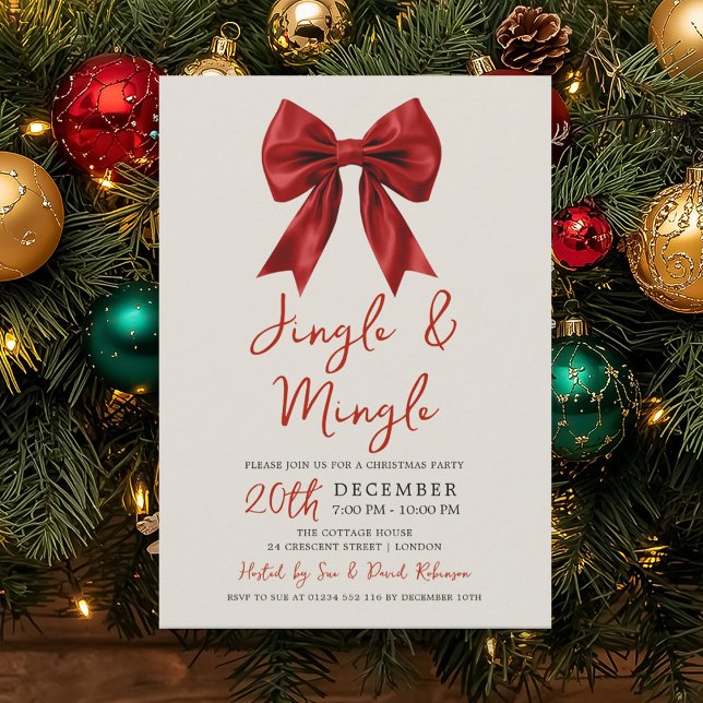 Invitation Noeud moderne rouge pour soirée de Noël Jingle & M (Modern Red Jingle & Mingle Christmas Party Bow Invitation)