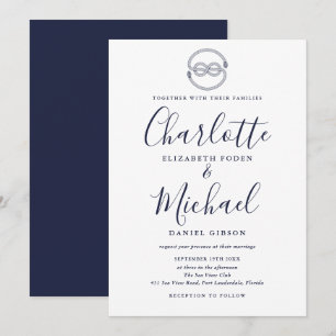 Invitation Nœud Naudtique Bleu Marine Écriture Mariage