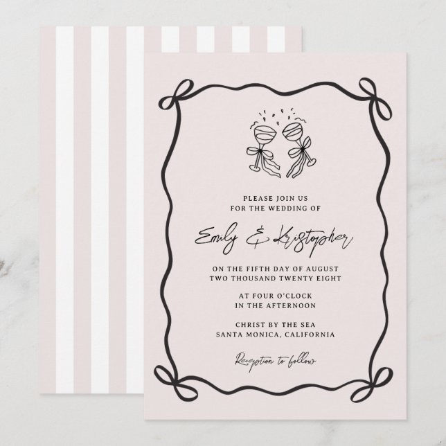 Invitation Nœud Papillon Coquette Rose Mariage (Devant / Derrière)