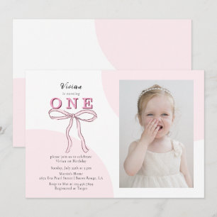 Invitation Nœud papillon Coquette Rose Photo 1er anniversaire