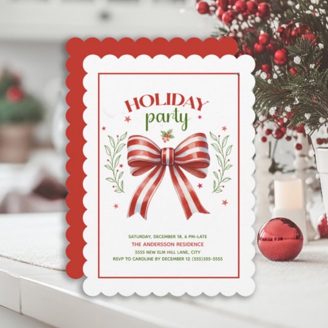 Invitation Noeud Papillon Coquette Rouge Vert Fête de Fêtes (Red and white striped bow Holiday party invitation)