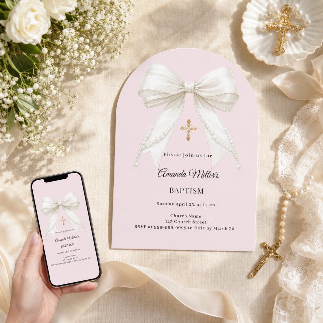 Invitation Nœud papillon dusty blush rose ivoire perles arche (Créateur téléchargé)