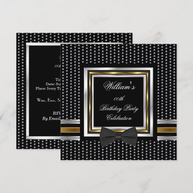 Invitation Nœud papillon noir Studs or Argent Anniversaire (Devant / Derrière)