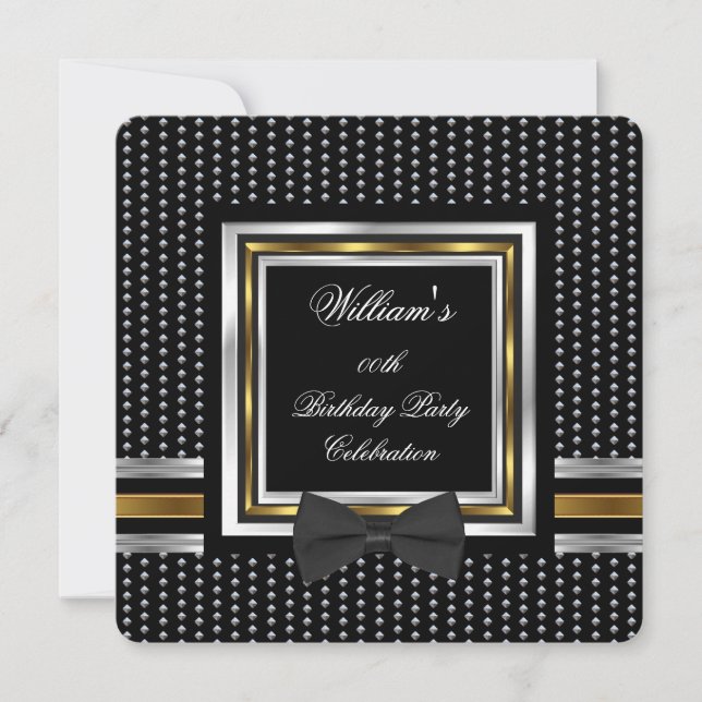 Invitation Nœud papillon noir Studs or Argent Anniversaire (Devant)
