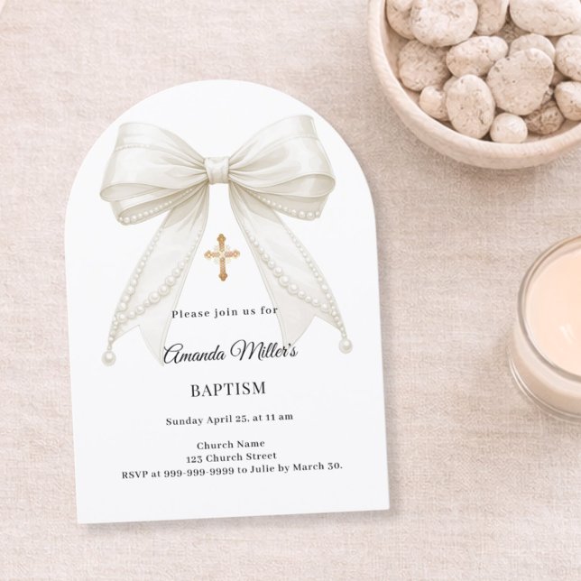 Invitation Nœud Papillon Perles Fille Élégant Arche Baptême (Créateur téléchargé)
