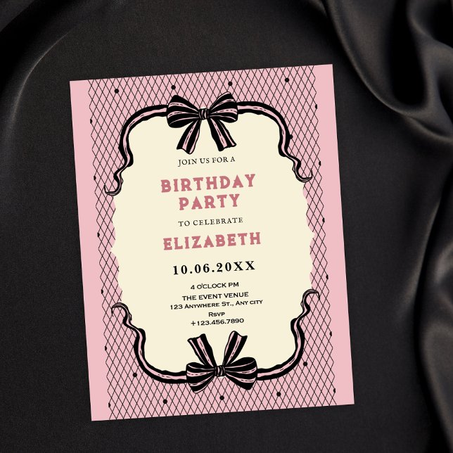 Invitation Nœud papillon rétro noir rose anniversaire (Créateur téléchargé)